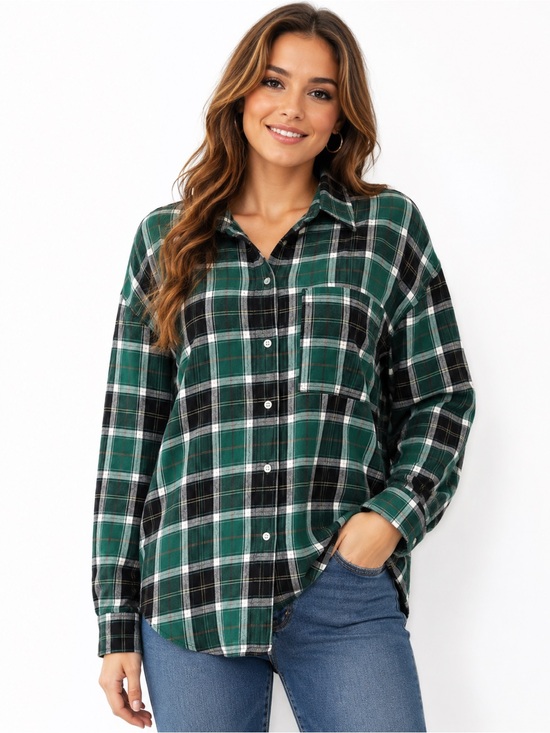 None Tops - Women’s Green Plaid Boyfriend Flannel Button-Down Shirt – Size Small